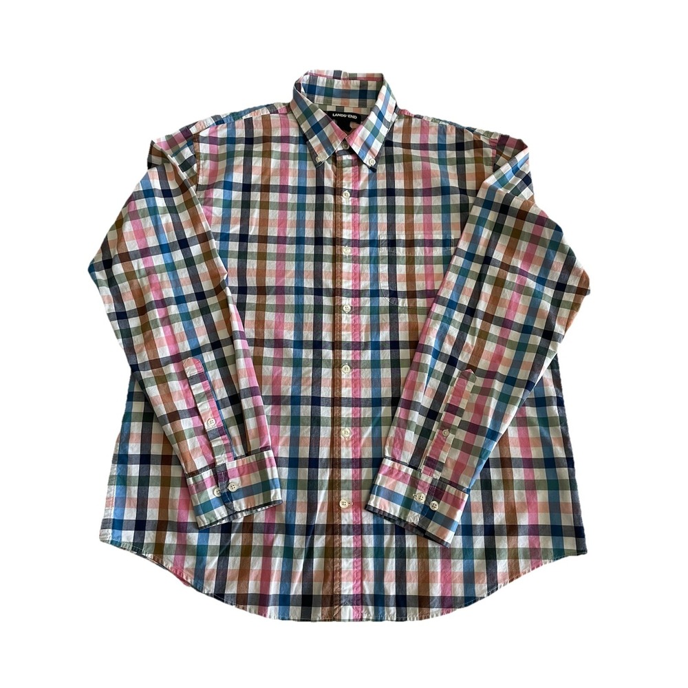 Lands' End Men's L Pastel Plaid Button Down Shirt 100% Cotton Long Sleeve Preppy - Picture 2 of 9